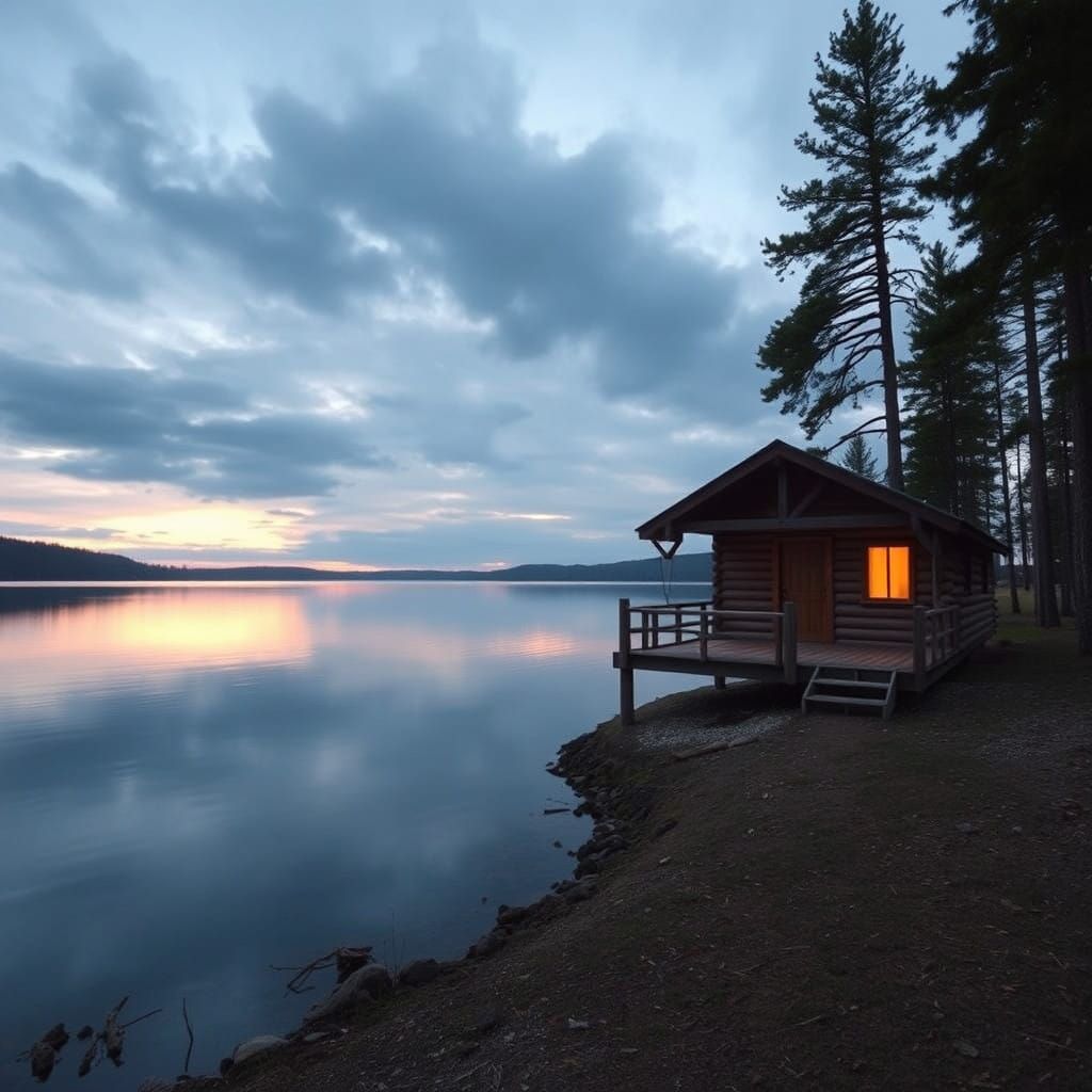 Peaceful Cabin Lake at Sunset