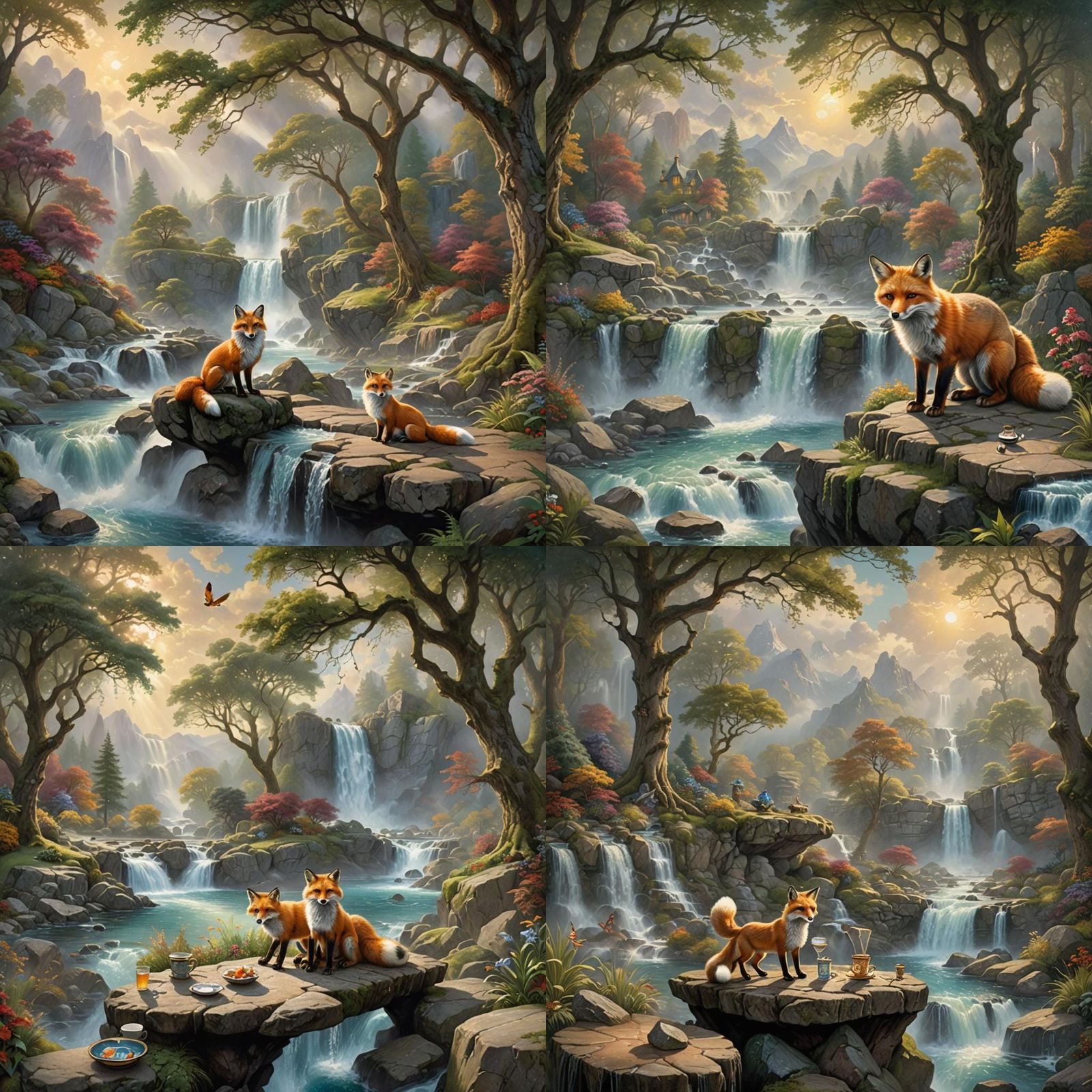Fox with Monocle Drinks Tea by Waterfall