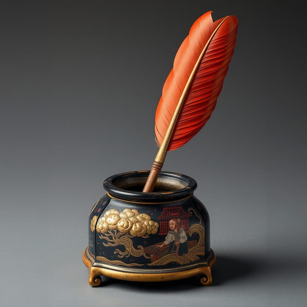 Medieval Quill and Inkwell in Ukiyo-e Style