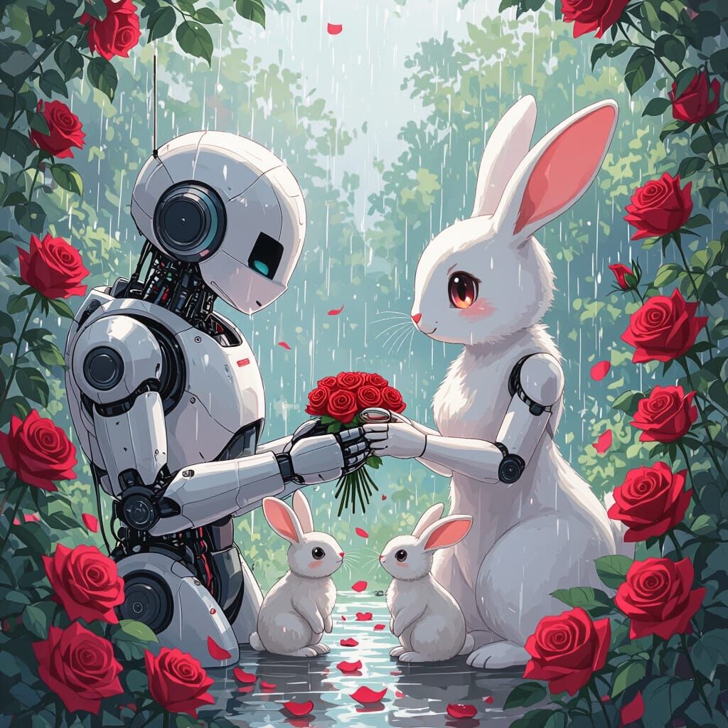 Robots and Rabbits Exchange Rings in Pastel Anime Style
