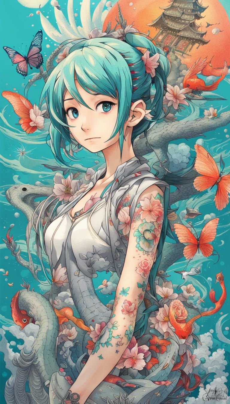 Colorful Anime Tattoo Design with Miku and Koi