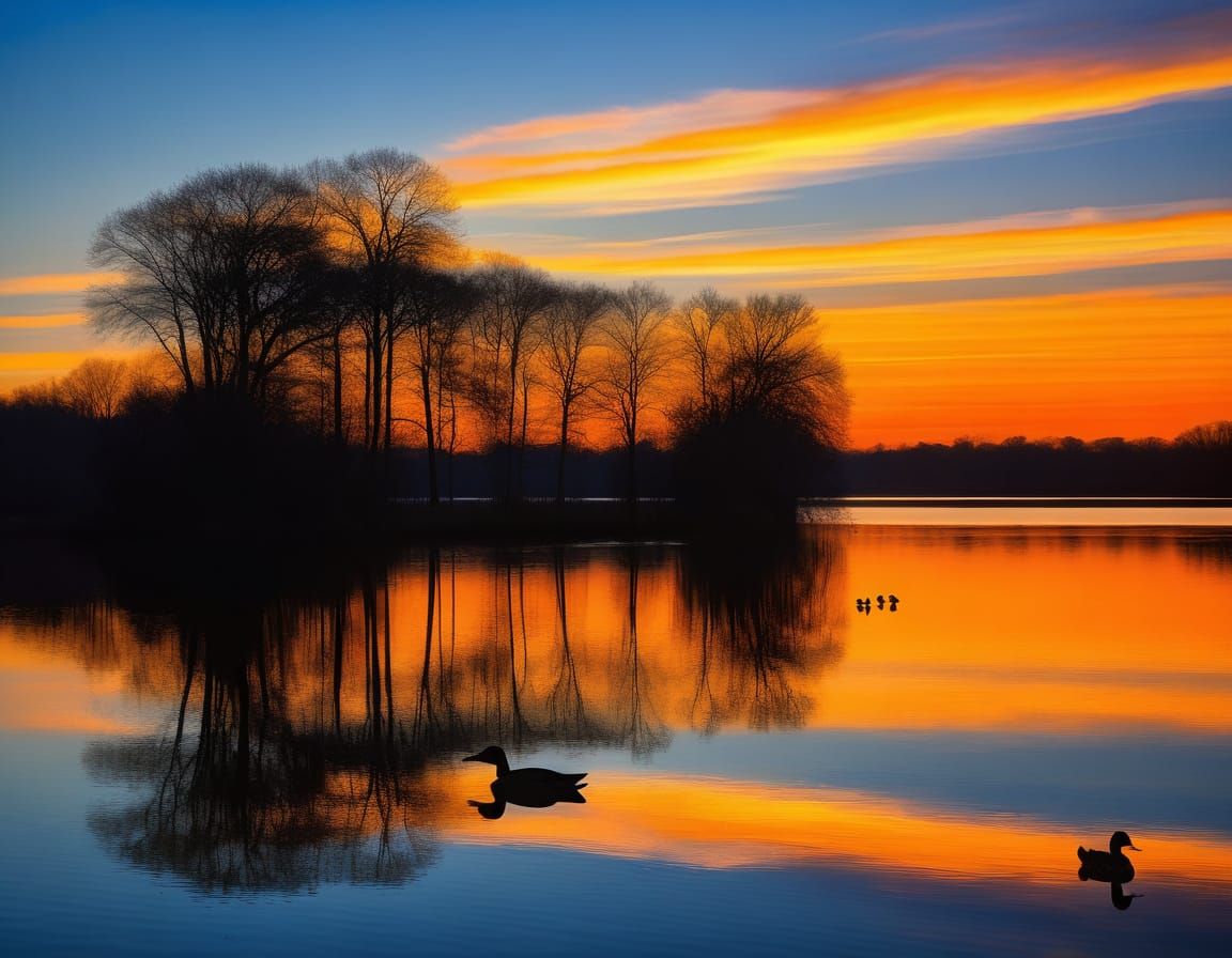 A tranquil lake scene at sunrise. Silhouetted trees line the...