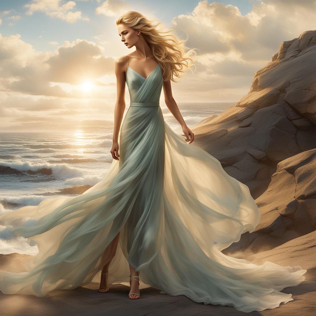 Elegant Woman in Flowing Gown: Matte Painting