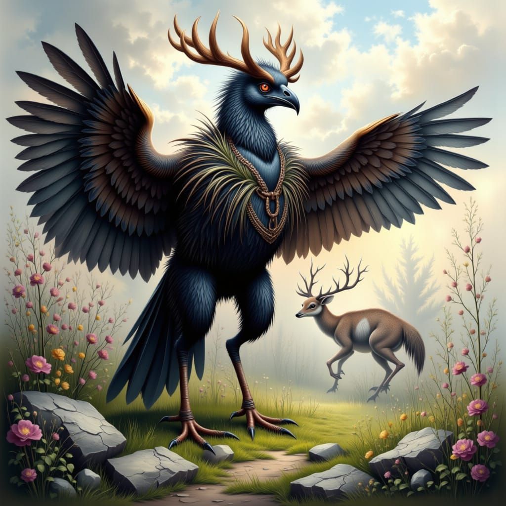 Anthropomorphic Bird Warrior Lands in Summer Forest Clearing