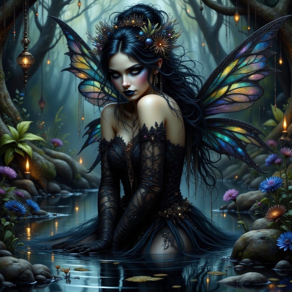 Gothic Fairy in Mirror Pond, Hyperrealistic Digital Painting