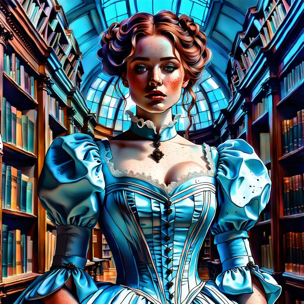 Victorian Woman in Library with Auburn Hair