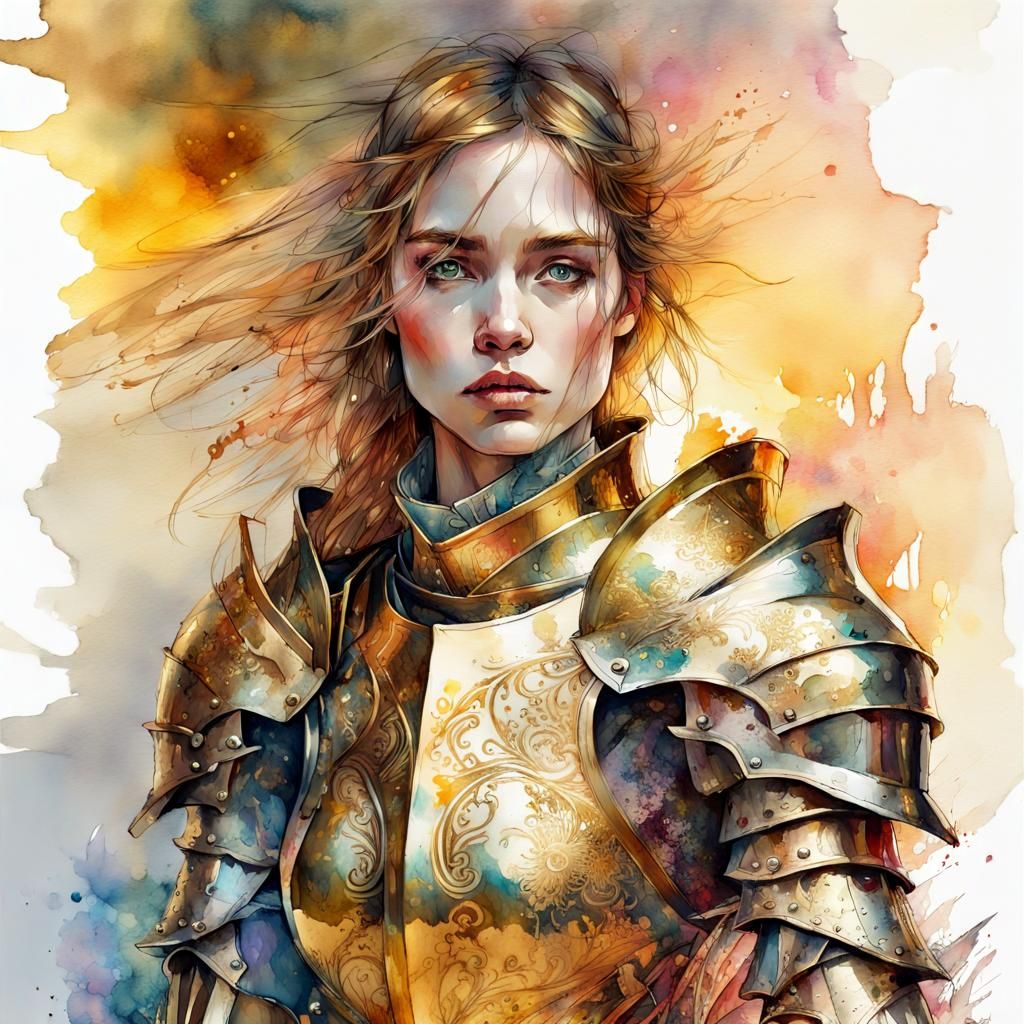 Golden Knight in Digital Watercolor Fantasy