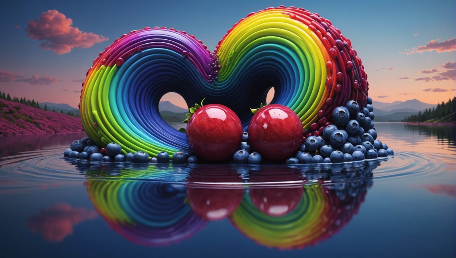 Cranberry and Blueberry Embrace in a Rainbow Lake