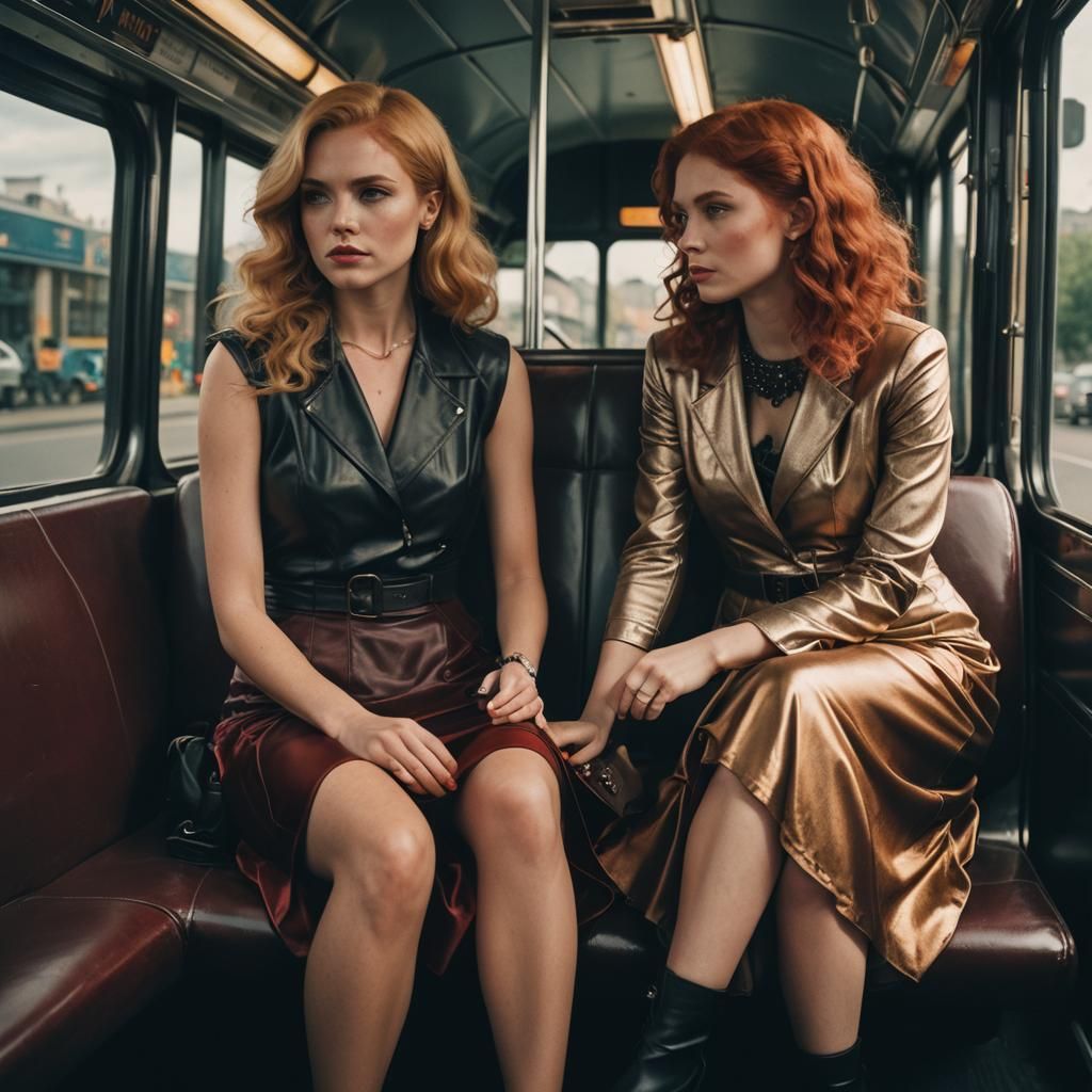 Two Stylish Women on a Bus: Cinematic Film Still