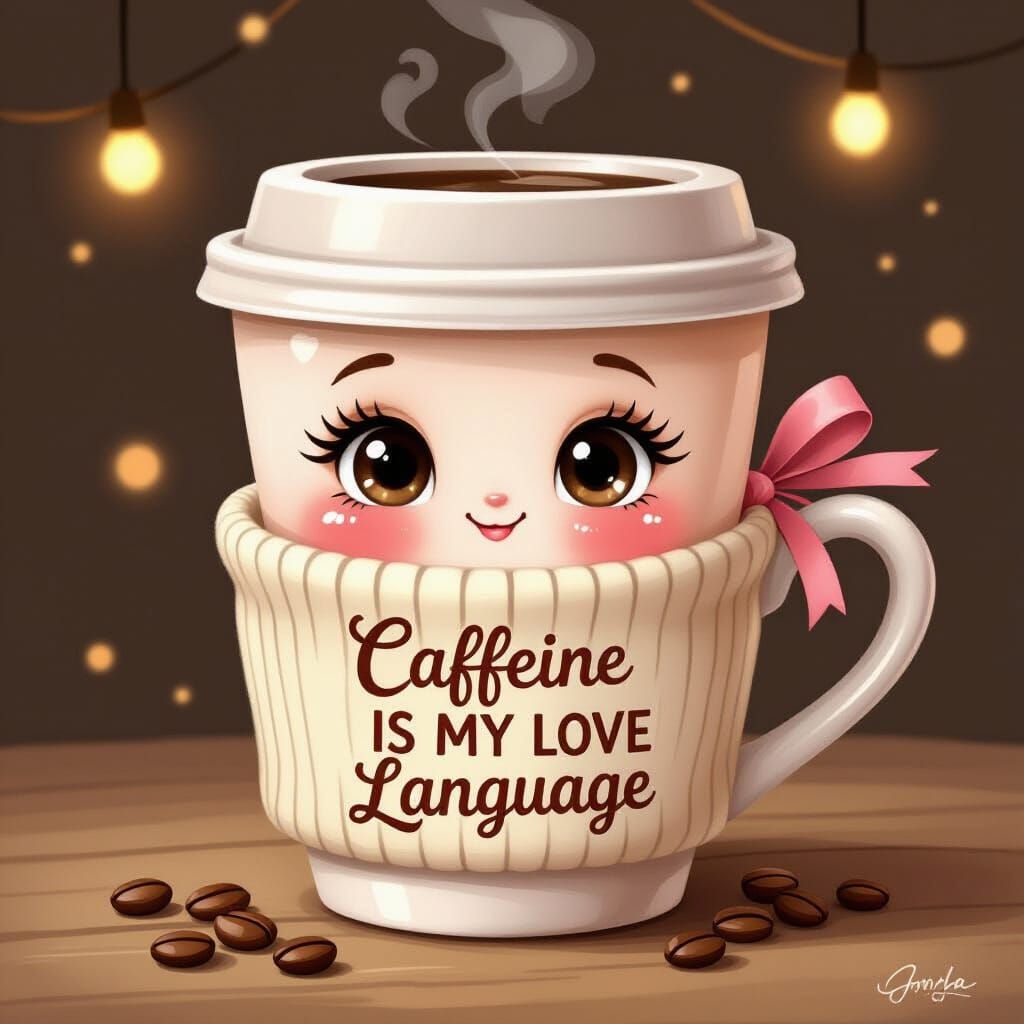 Adorable Coffee Cup with Shimmering Eyes