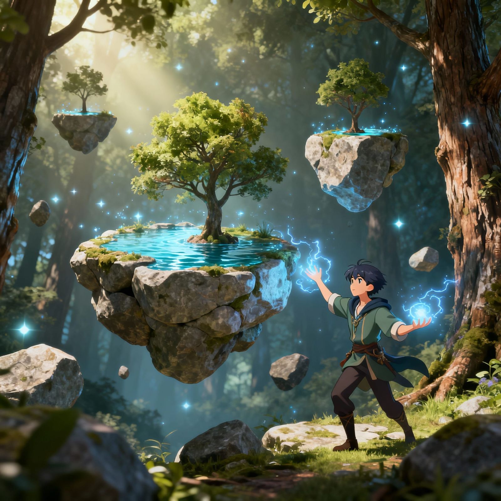 Magic Man Forms Floating Islands in Forest, 3D Realistic Ani...