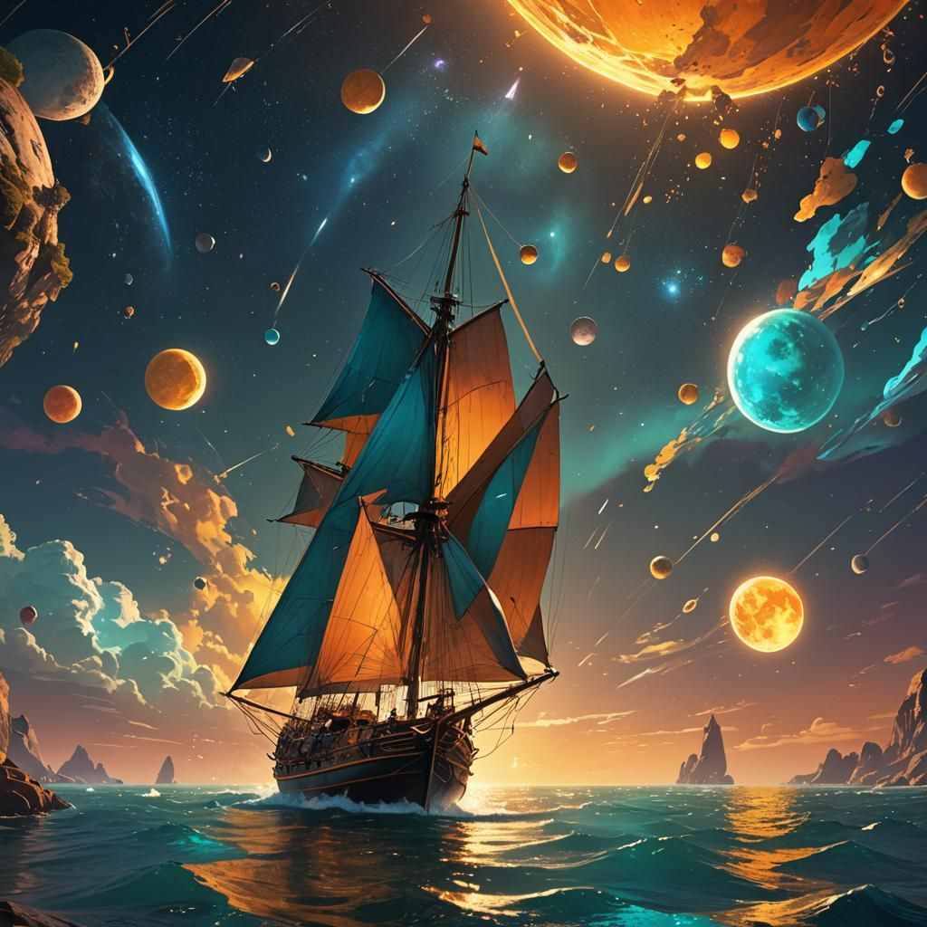 Rainbow Moonlight Sailboat: Fantasy Concept Art