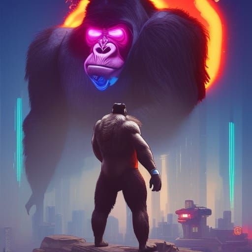 Gorilla-Faced Man in Cyberpunk Digital Art Style