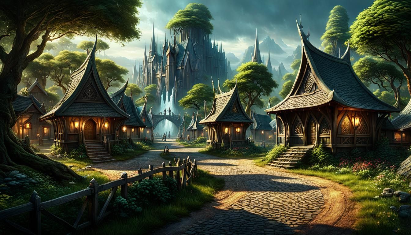 Epic Fantasy Elven Village in Forest, Detailed Digital Art