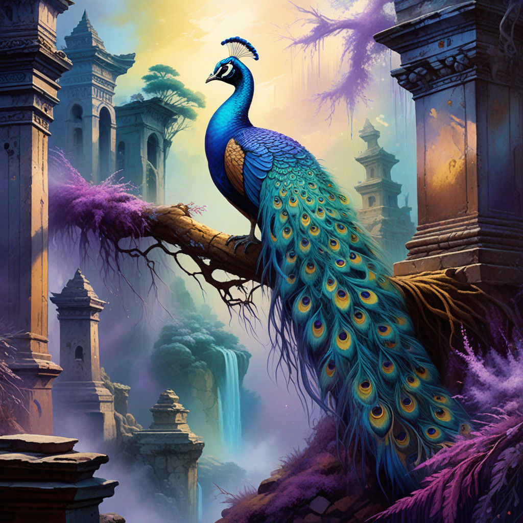 Ethereal Fantasy Peacock in Ancient Ruins
