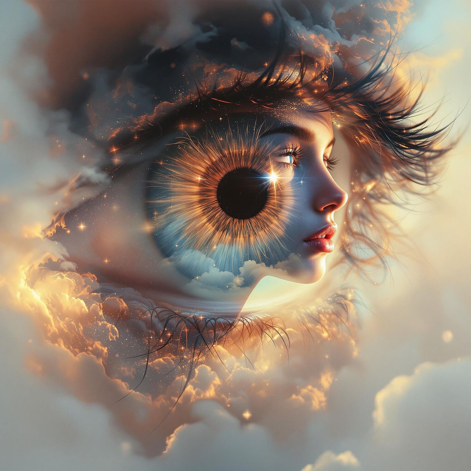 Girl Silhouette in Dreamlike Eye, Matte Painting