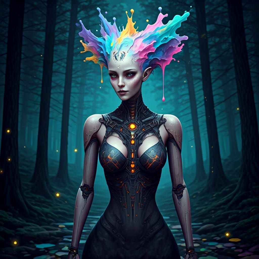 Alien Centauress with Pastel Ink in Misty Forest