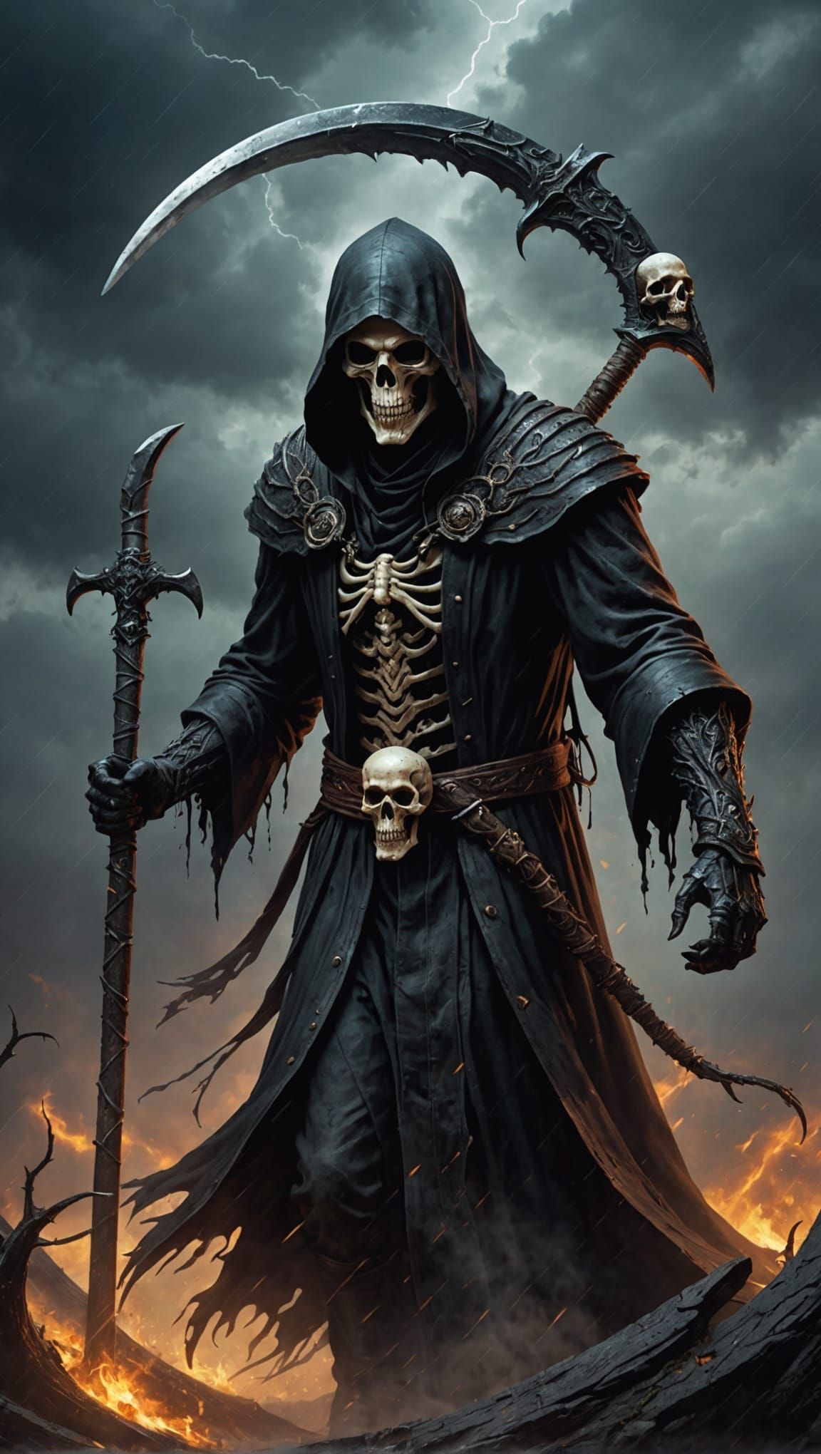 Grim Reaper with Bone Scythe in Stormy Scene