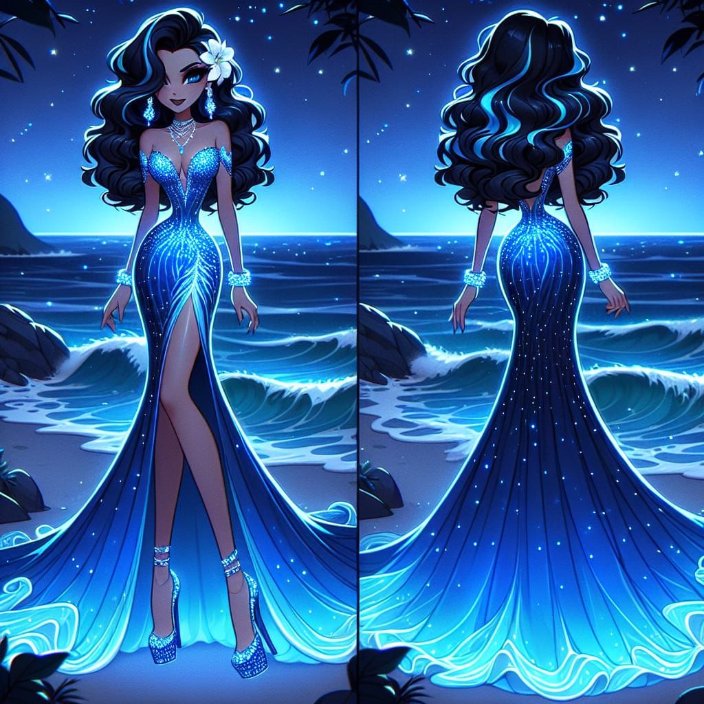 Cartoon Woman in Mermaid Gown at Night Seashore