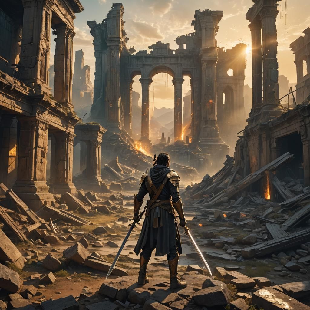 Lone Warrior's Mystical Sword in Dystopian Landscape