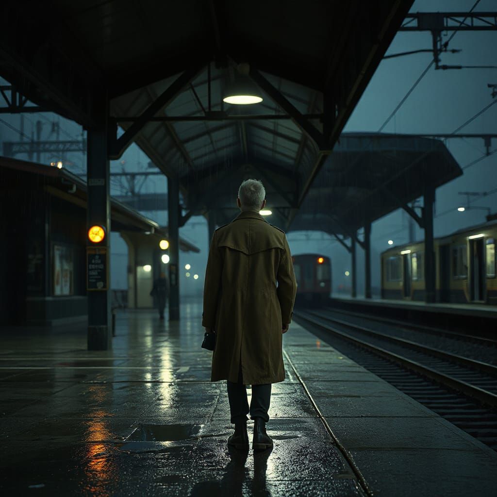 Gloomy Evening Train Station with Blurred Lights