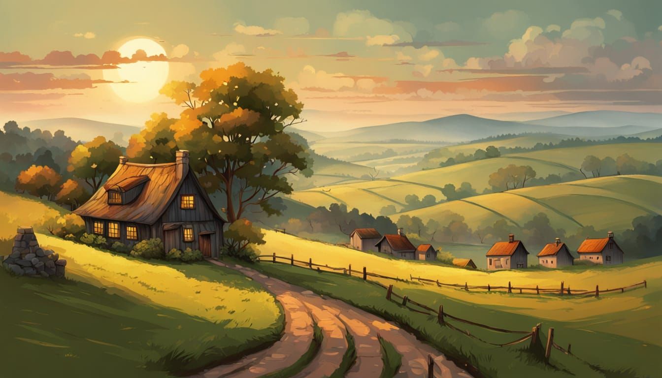 Whimsical Folk Art Village Scene at Sunset