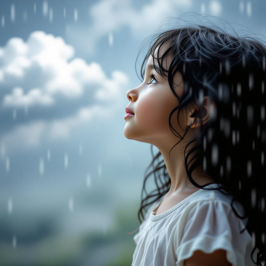 Praying Child in Rain: Photorealistic Black and White Portra...