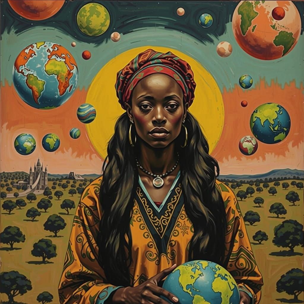 Afrofuturist Goddess in Vibrant, Psychedelic Skies
