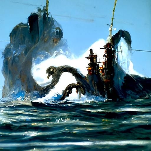 Ghostly Kraken Attacks Ships: Gurney-esque Oil Painting