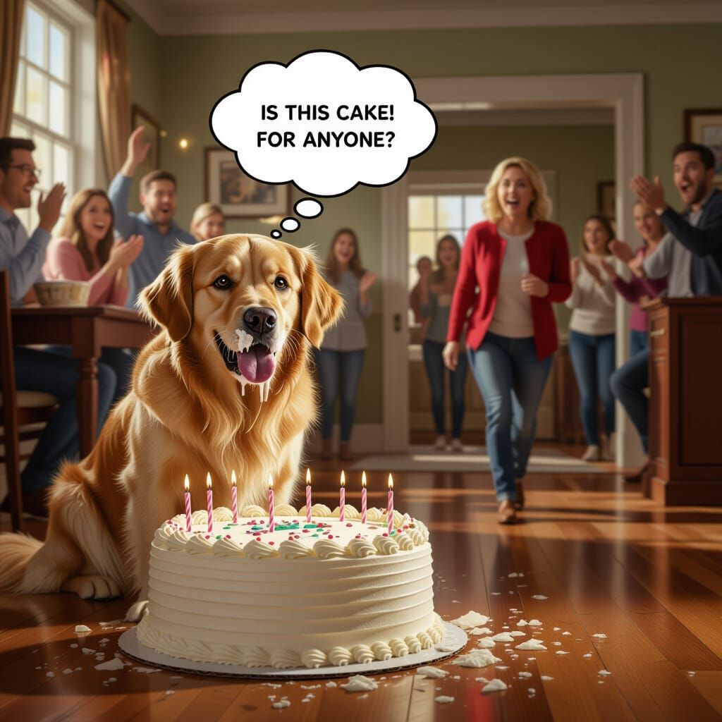Guilty Golden Retriever Eats Birthday Cake