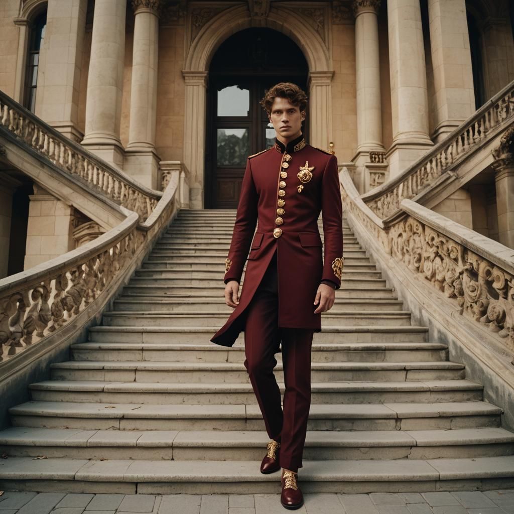 Man in Red and Gold Outfit on Palace Stairs
