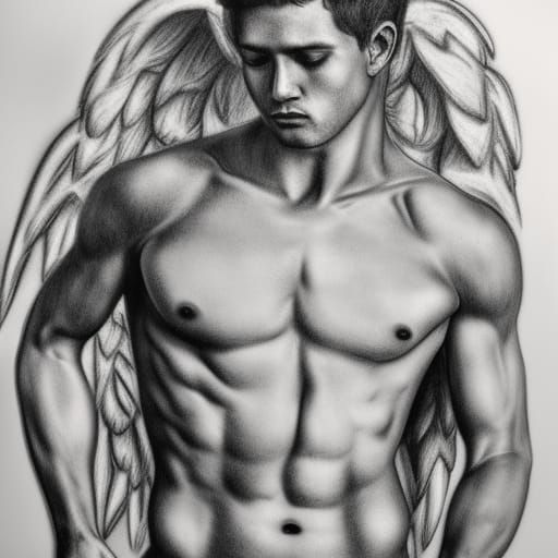 Hyperdetailed Charcoal Drawing of a Gay Angel