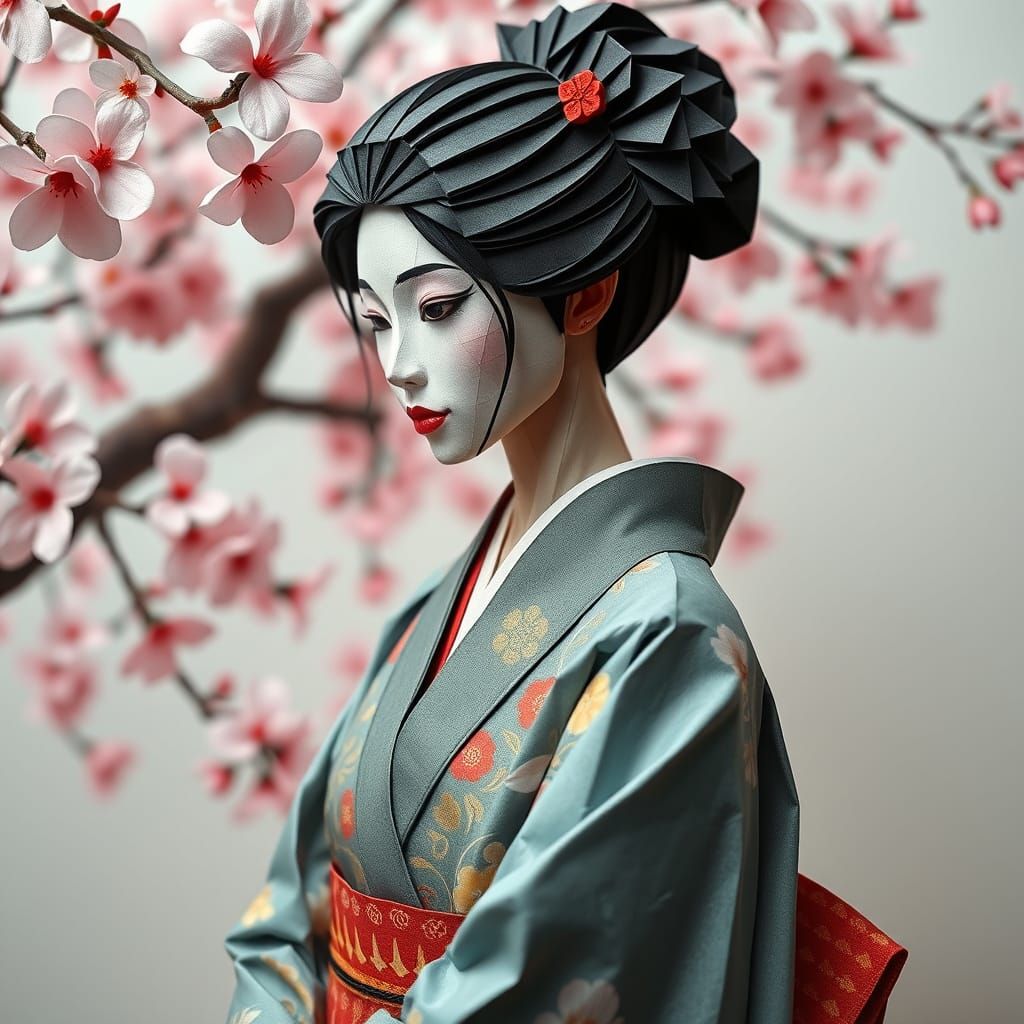 Origami Woman in Kimono with Cherry Blossoms
