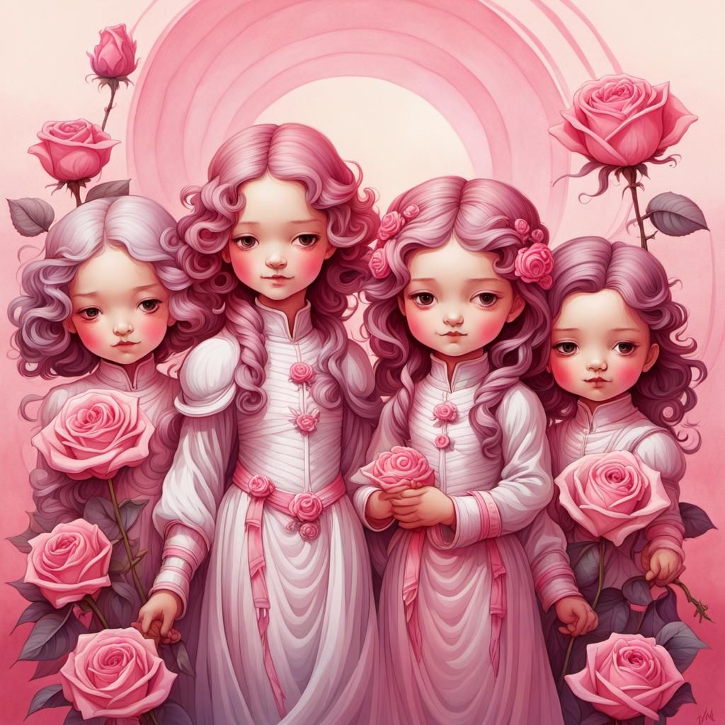 Chibi Characters in Pink, Holding Hands in Dreamscape