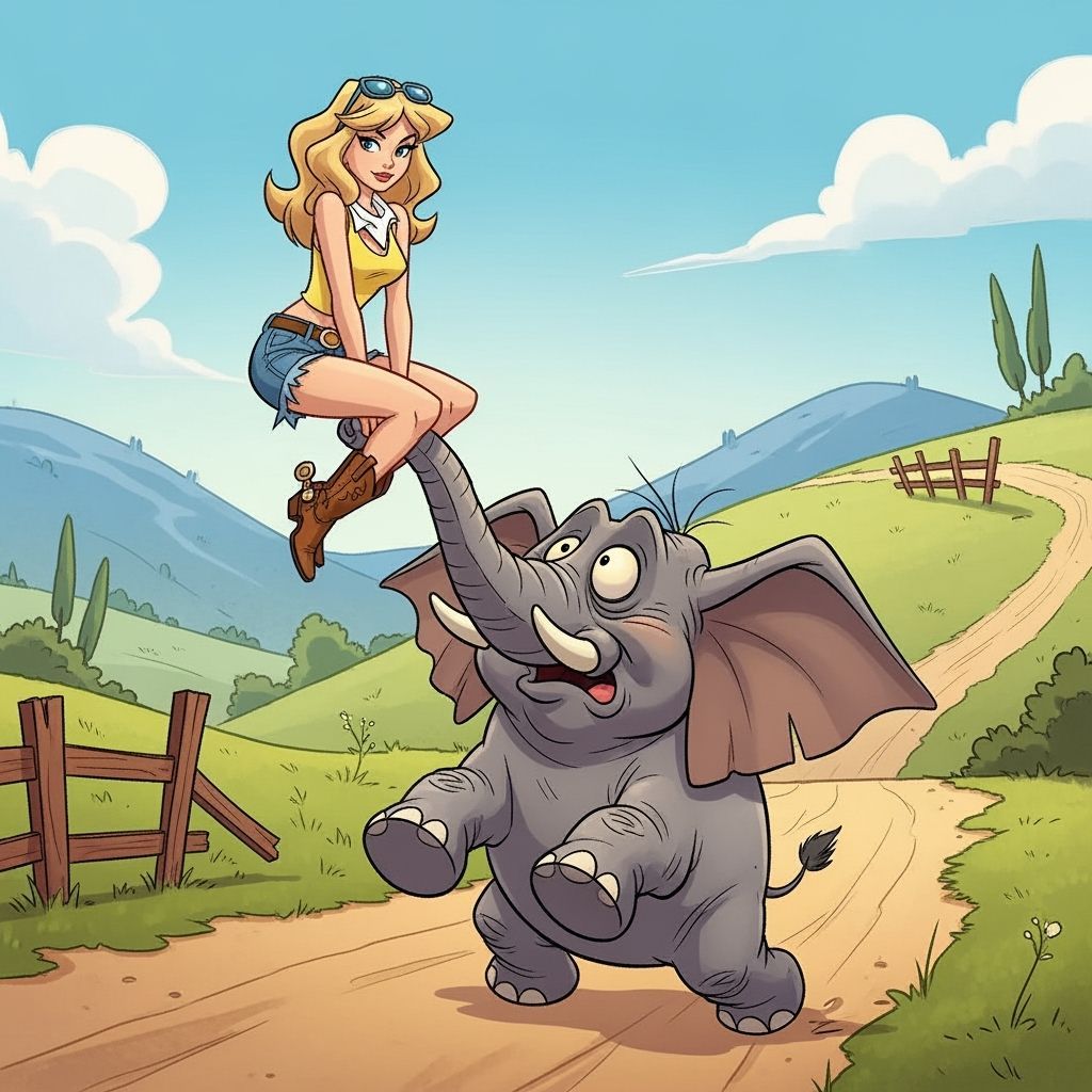 Cartoon Elephant Struggles Under Daisy Duke's Weight