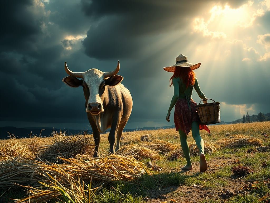 Surreal Alien FarmScene Under Dramatic Skies in Hyper Realis...