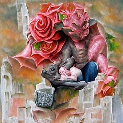 Rose Covered Gargoyle Holding Child: Detailed Painting