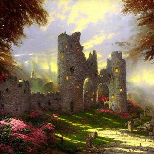 Ethereal Medieval Castle Ruins in Kinkade Style