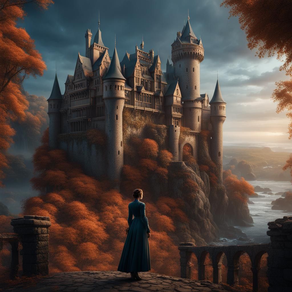Fantastical Woman in Castle: Detailed Matte Painting