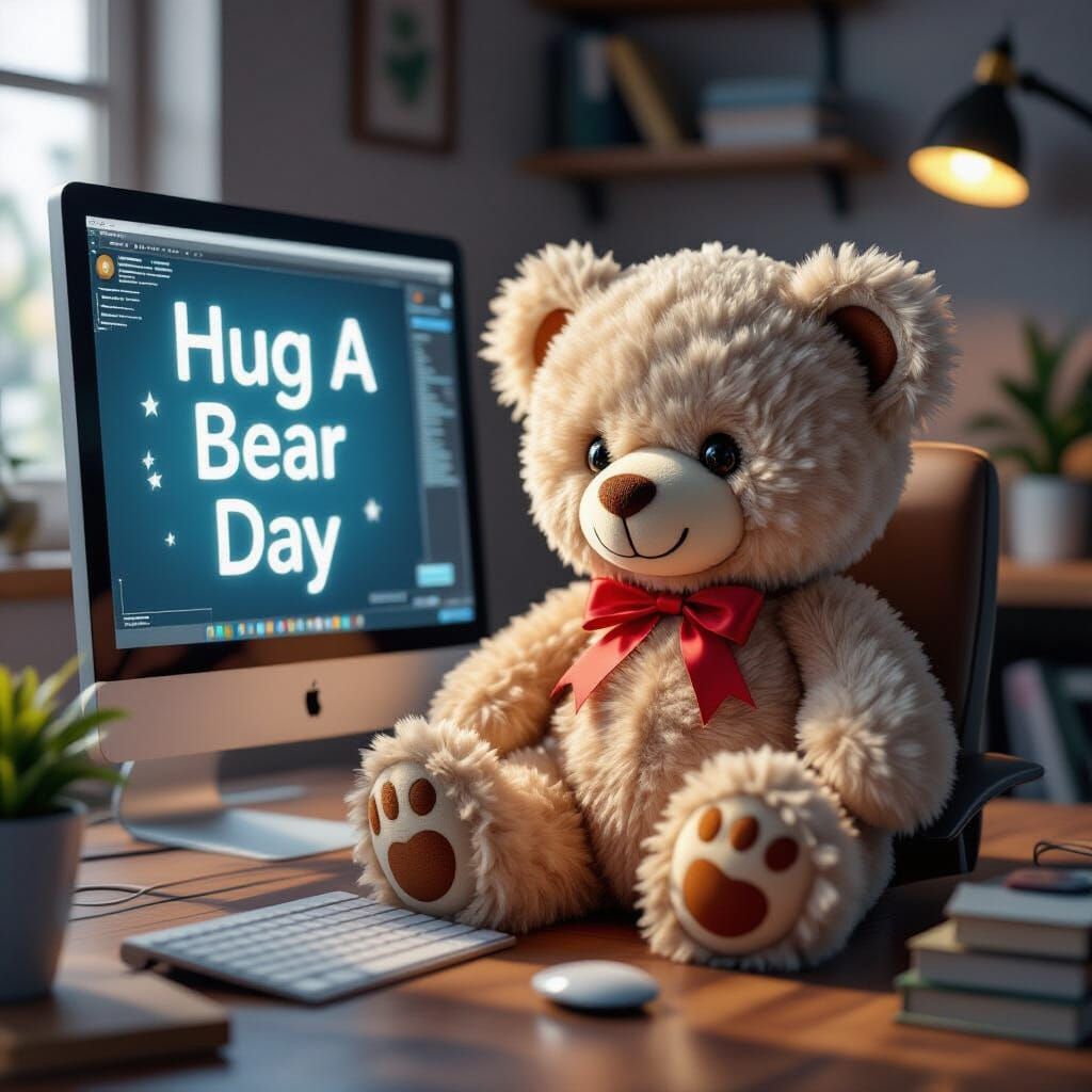 Fluffy Teddy Bear at Computer for Hug A Bear Day
