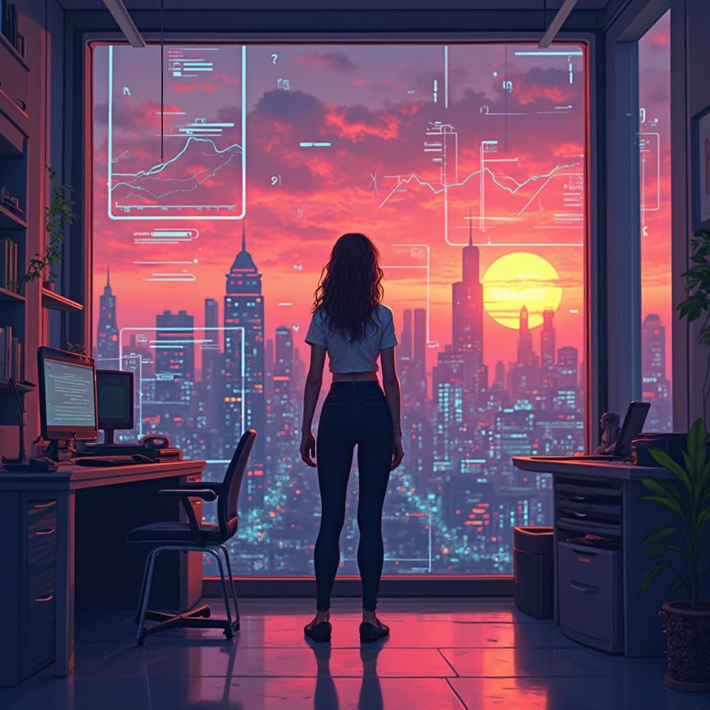 Futuristic Financial Analyst in Neon Cityscape