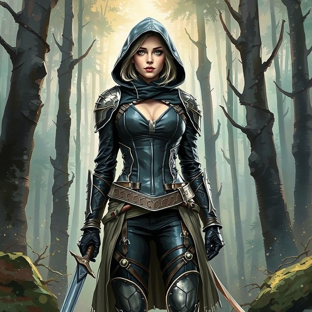 Green-Eyed Rogue in Forest, Watercolor Cell Shaded Portrait