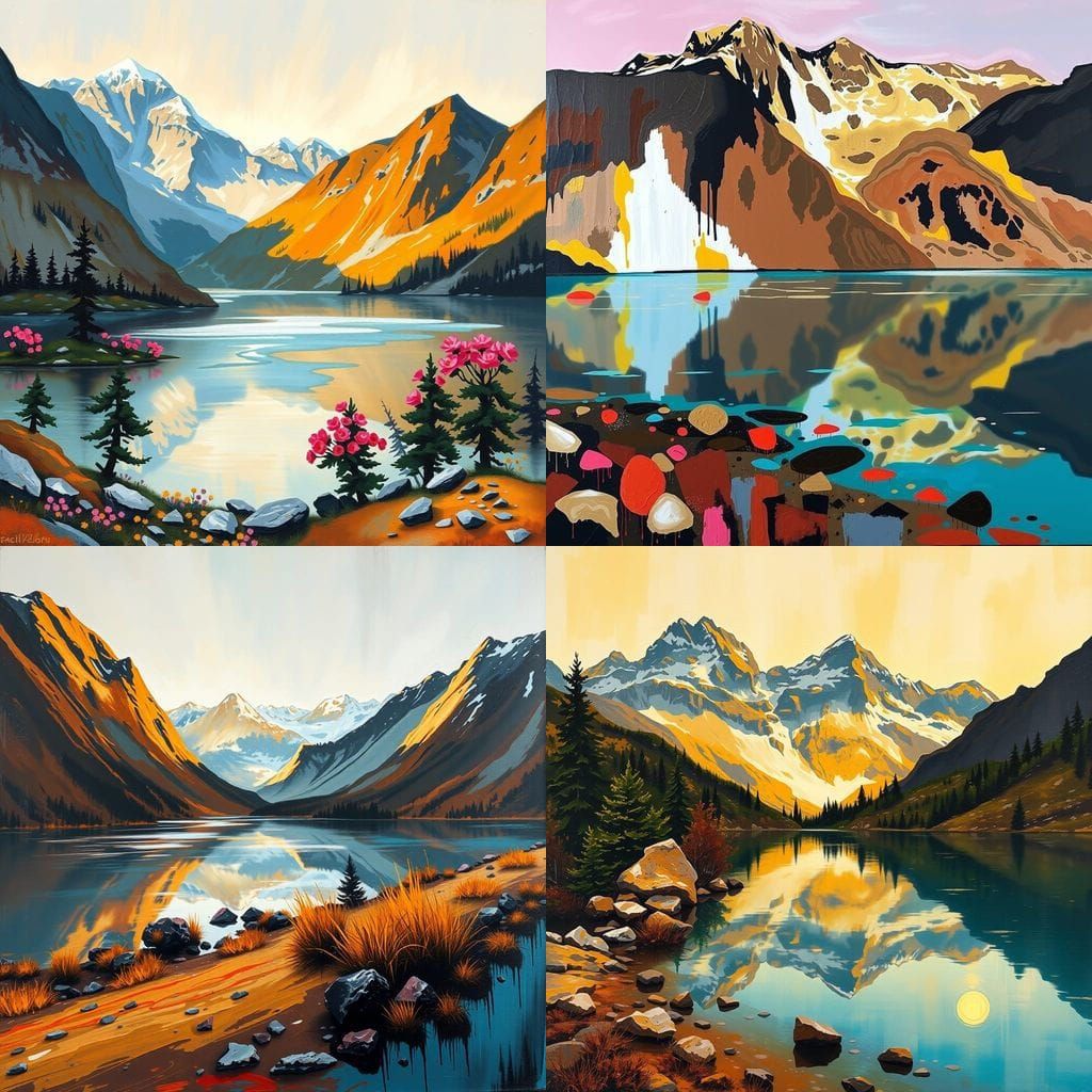 Dripping Wet Painting of Mountain Lake with Rich Colors