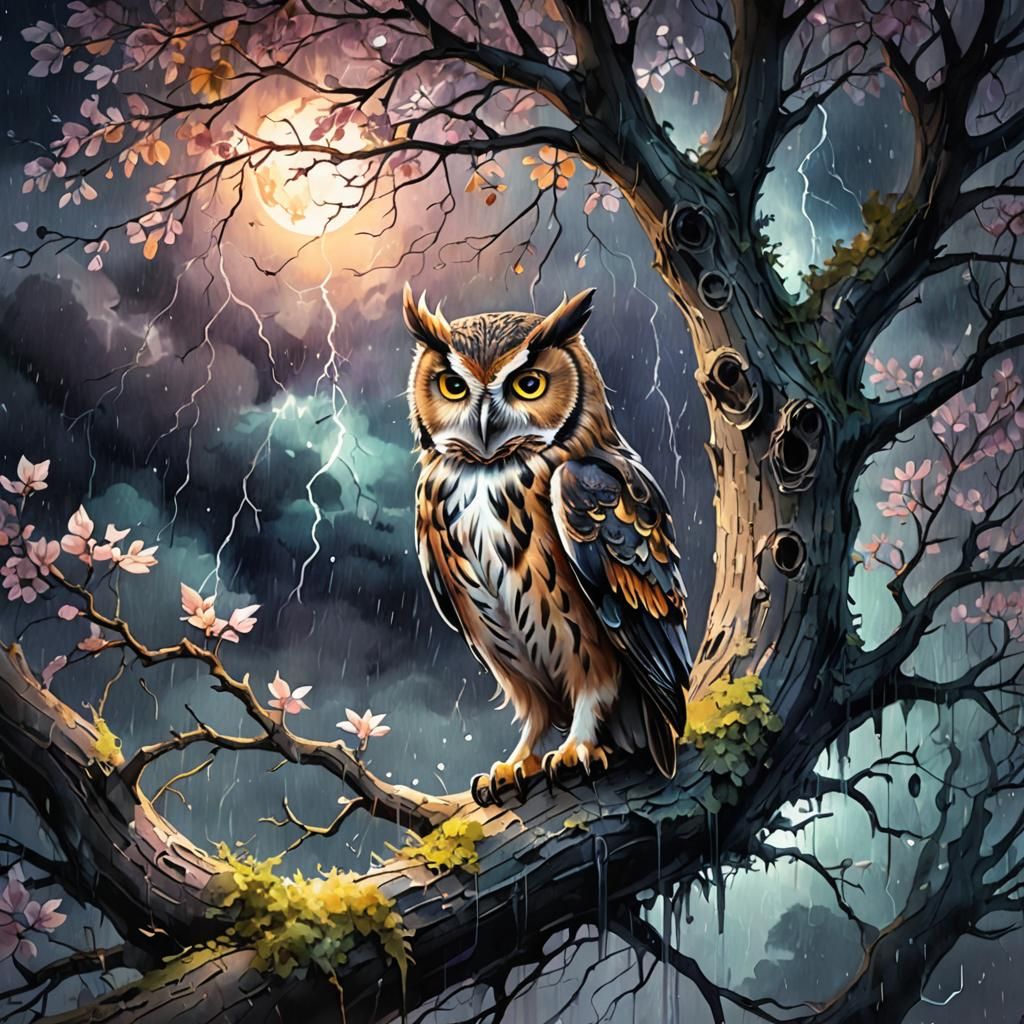 Mystical Owl in Haunted Tree Watercolor Painting