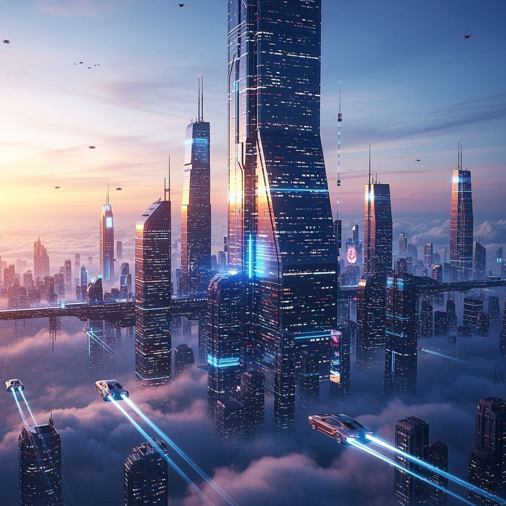 Futuristic Cyberpunk City Floating in Sunset Clouds