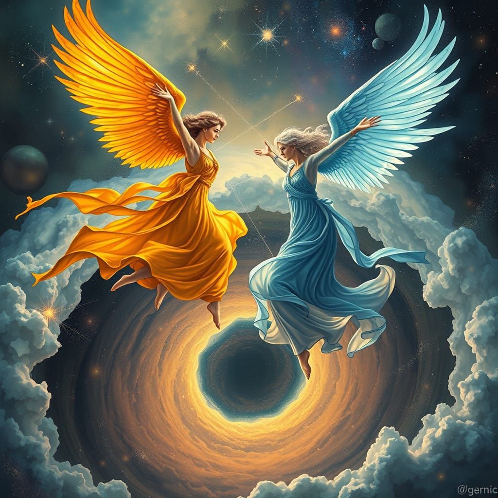 Surreal Celestial Beings Dance Amidst Cosmic Vortex in Vibra...
