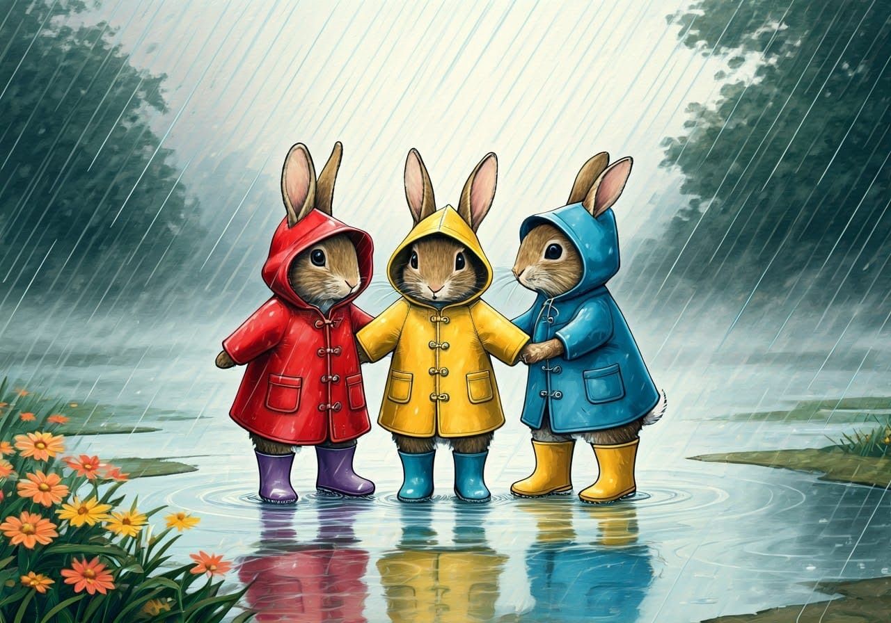Whimsical Rabbits Dance in the Rain, in Vibrant Watercolor S...