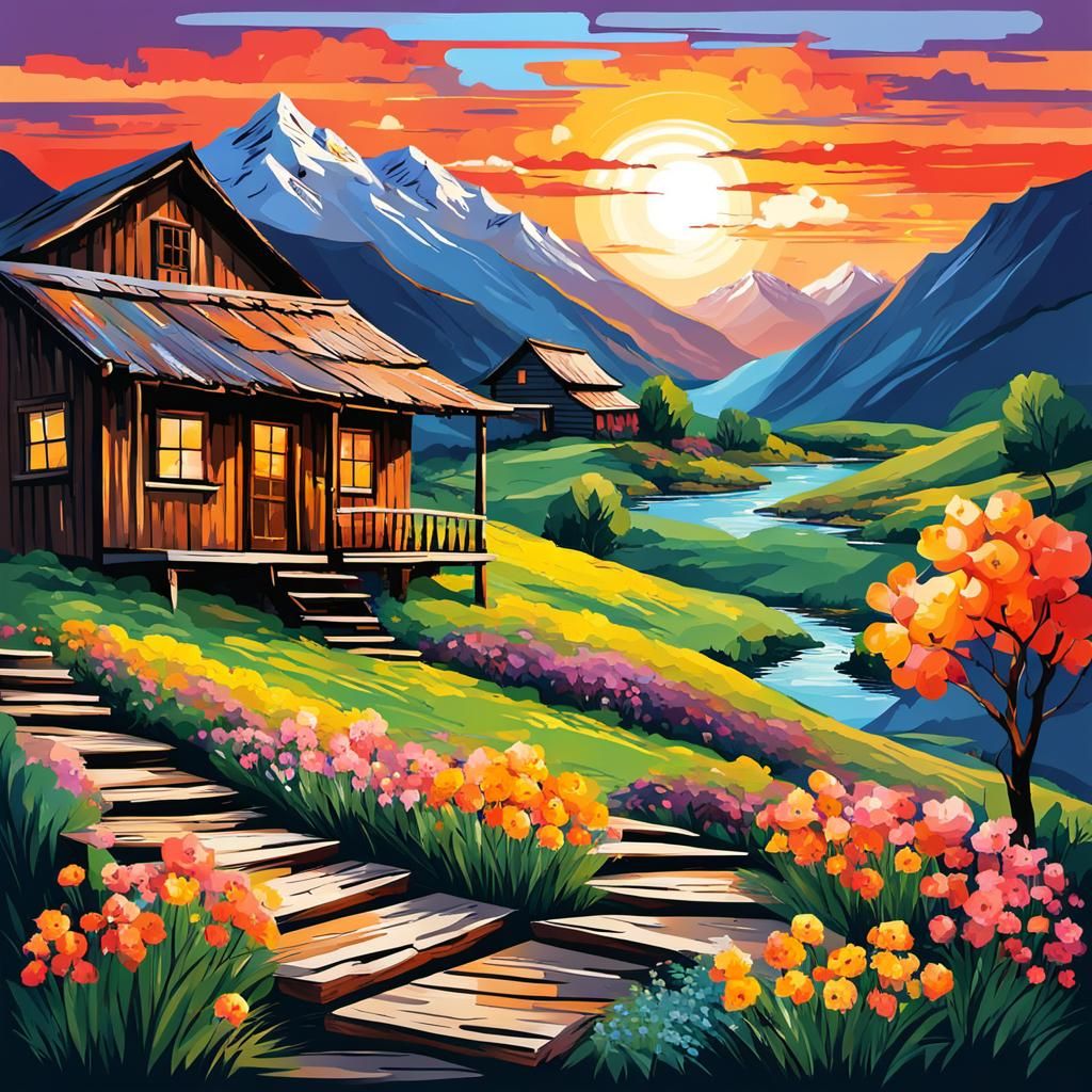 Mountain Sunset Vector Art with Wooden House