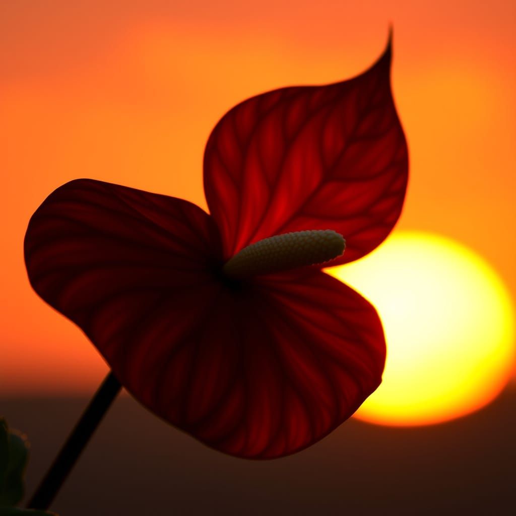 Dark red Anthurium  flower. Sunset in the background