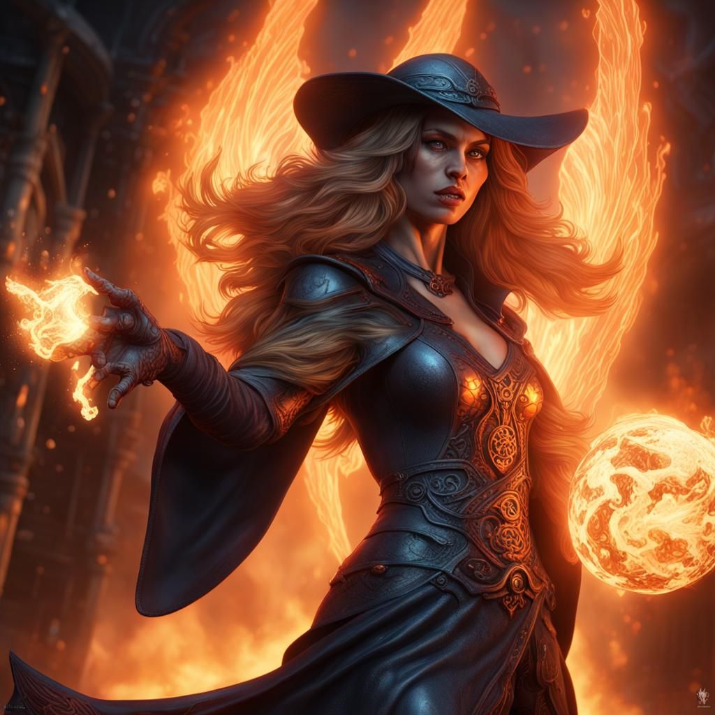Battle-Scarred Sorceress Casting Fireball in Dark Fantasy Ar...